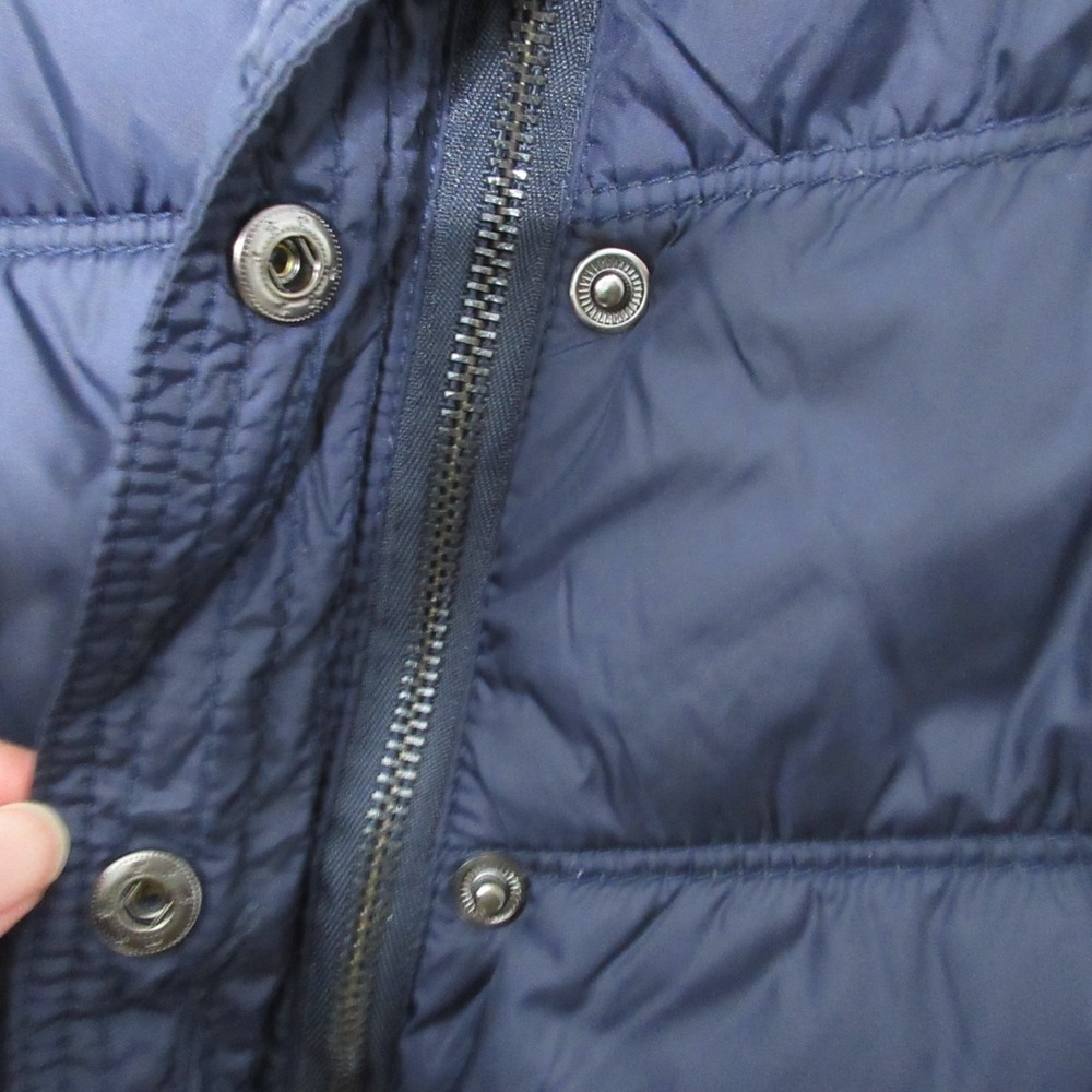 American Eagle Puffer Vest Women Medium Blue Y2K Faux Fur Hood Patch Zip Nylon - Picture 9 of 13